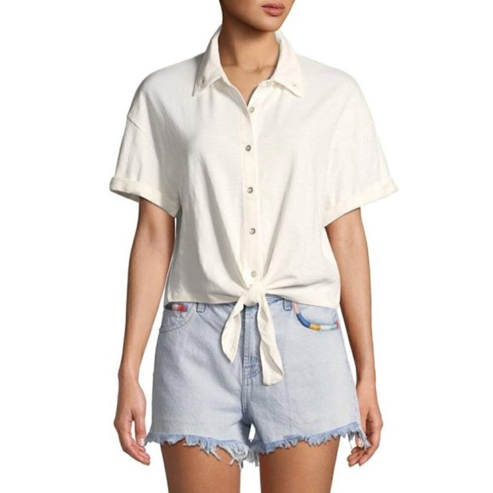 Splendid White Roma Tie Front Button Down Short Sleeve S‎